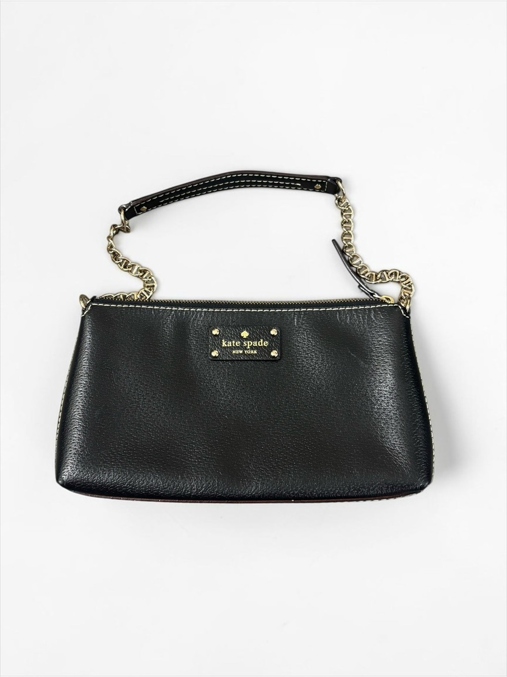 Kate Spade Black Leather Mini Shoulder Purse Y2K Bag Pink Polka Dot Gold Chain